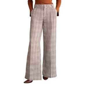 Anthropologie Maeve Linen Cotton Blend Plaid Pleaded Wide Leg Trousers Size 12